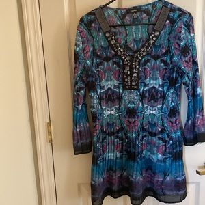Alfani tunic blouse floral Sz 12 VGC pleated Bell sleeve jewel toned colors